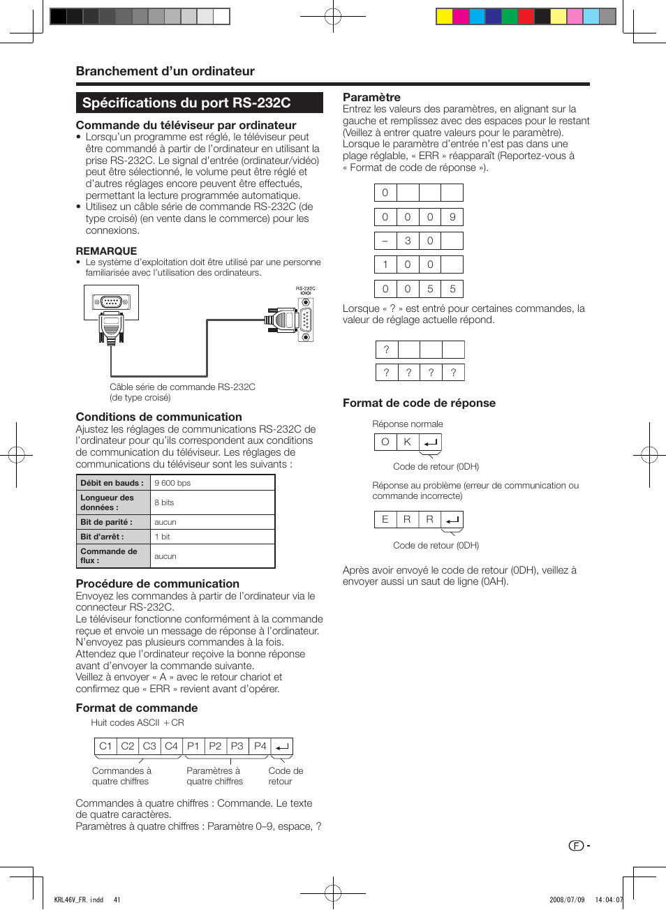 Spécifications du port rs-232c, Branchement d’un ordinateur | Pioneer KRL-46V User Manual | Page 91 / 338