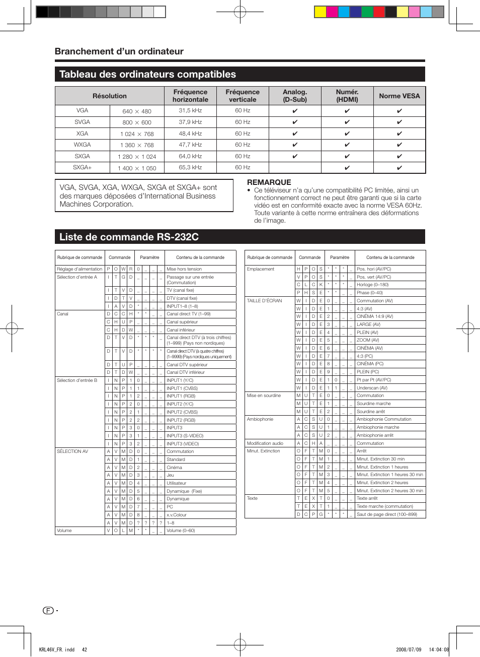 Tableau des ordinateurs compatibles, Liste de commande rs-232c, Branchement d’un ordinateur | Remarque | Pioneer KRL-46V User Manual | Page 92 / 338