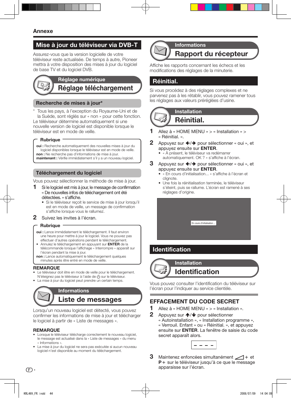 Mise à jour du téléviseur via dvb-t, Réinitial, Identification | Réglage téléchargement, Liste de messages, Rapport du récepteur, Annexe, Effacement du code secret | Pioneer KRL-46V User Manual | Page 94 / 338