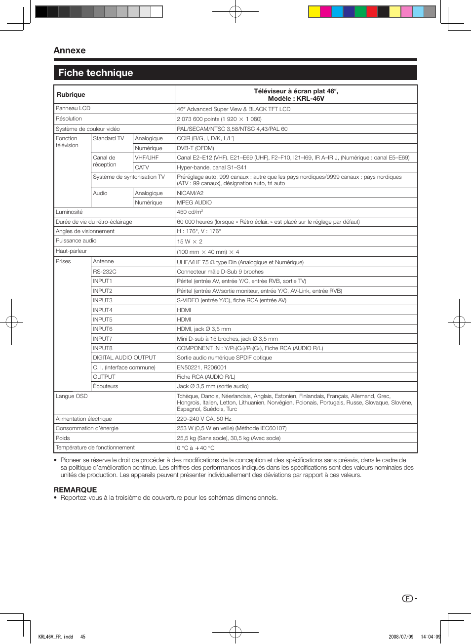 Fiche technique, Annexe | Pioneer KRL-46V User Manual | Page 95 / 338
