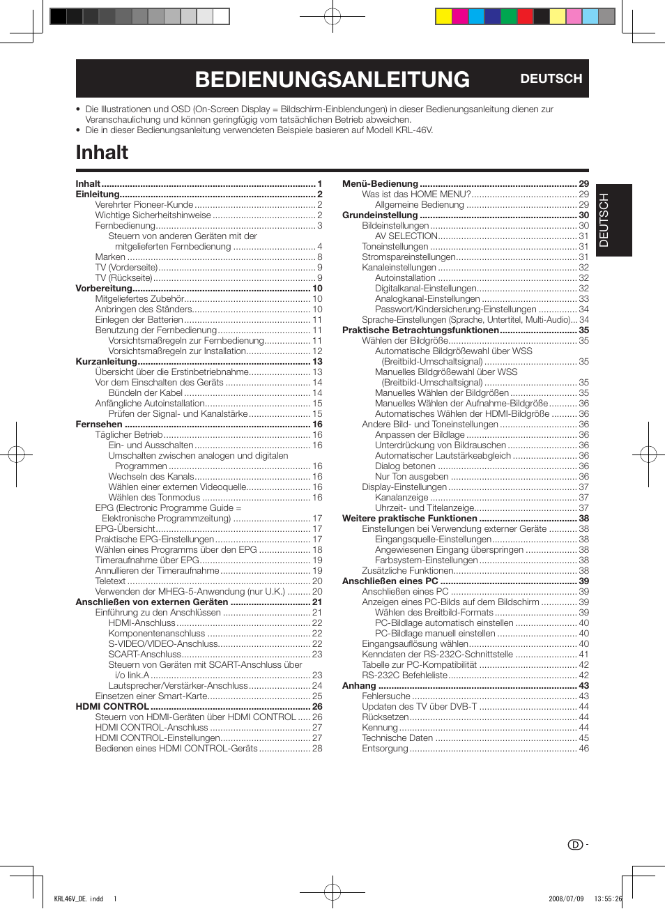 Bedienungsanleitung, Inhalt, Deutsch | Pioneer KRL-46V User Manual | Page 99 / 338