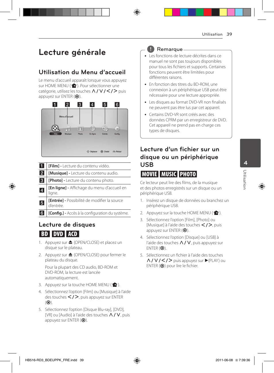 Un périphérique usb, Lecture générale, Utilisation du menu d’accueil | Lecture de disques ert | Pioneer BCS-HF818 User Manual | Page 107 / 424