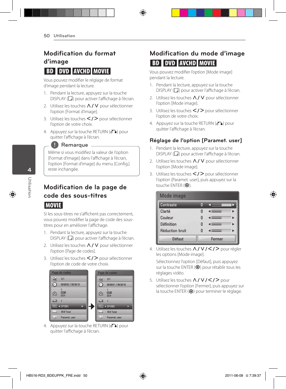 Sous-titres, 50 – modification du mode d’image, Modification du format d’image eroy | Modification de la page de code des sous-titres y, Modification du mode d’image eroy | Pioneer BCS-HF818 User Manual | Page 118 / 424