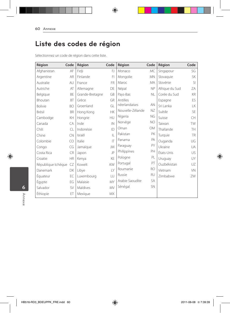 60 liste des codes de région, Liste des codes de région | Pioneer BCS-HF818 User Manual | Page 128 / 424