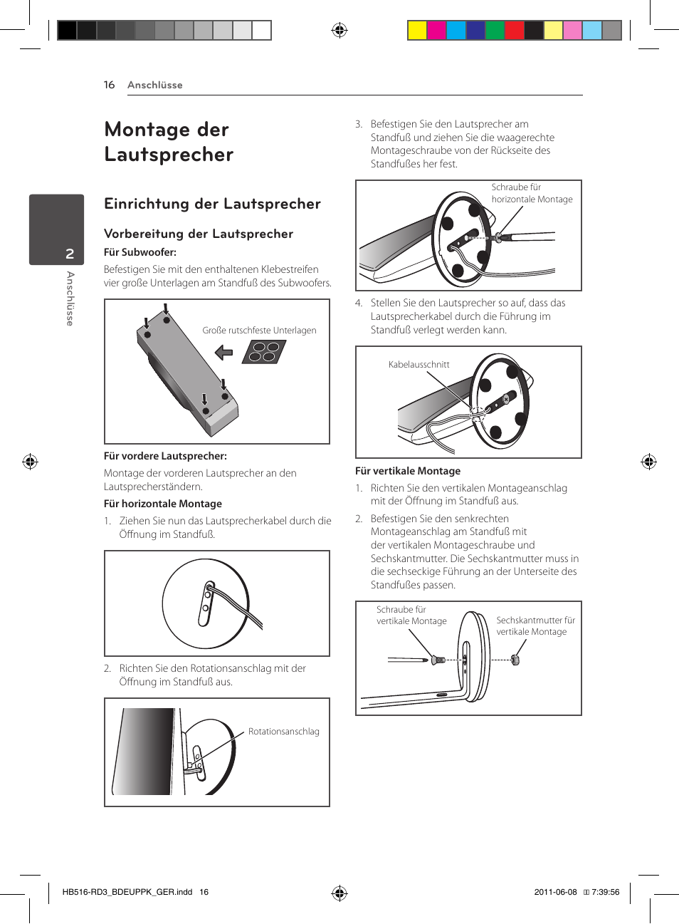 Montage der lautsprecher, 16 – einrichtung der lautsprecher, Einrichtung der lautsprecher | Pioneer BCS-HF818 User Manual | Page 158 / 424