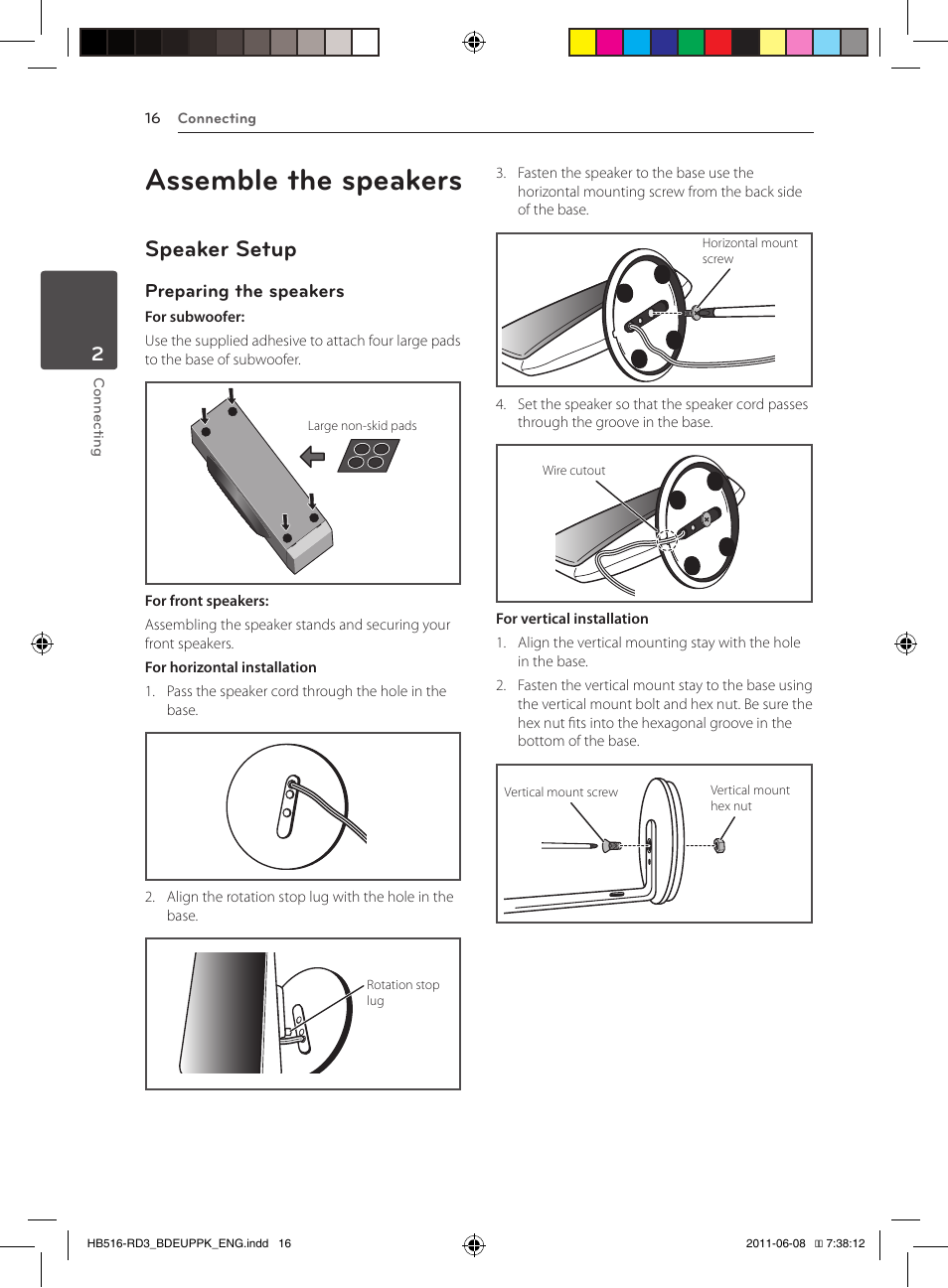 Assemble the speakers, 16 – speaker setup, Speaker setup | Preparing the speakers | Pioneer BCS-HF818 User Manual | Page 16 / 424