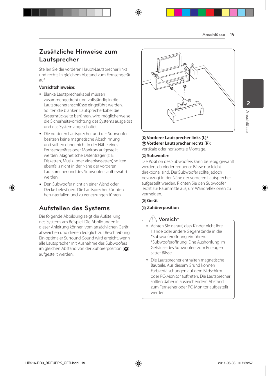 19 – zusätzliche hinweise zum, Lautsprecher, 19 – aufstellen des systems | Zusätzliche hinweise zum lautsprecher, Aufstellen des systems, Vorsicht | Pioneer BCS-HF818 User Manual | Page 161 / 424