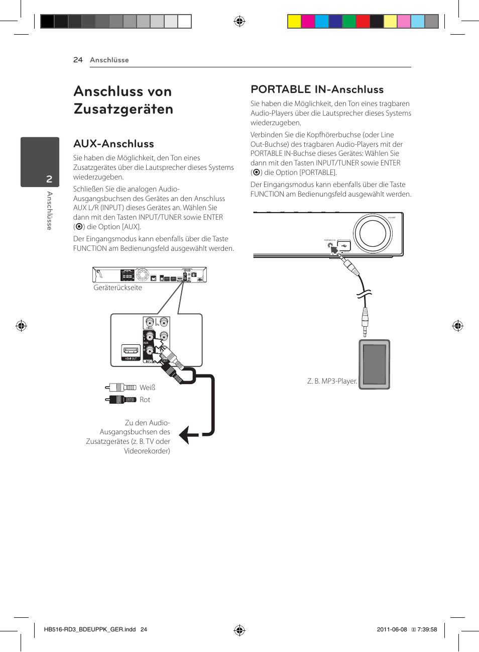 Anschluss von zusatzgeräten, Aux-anschluss, Portable in-anschluss | Pioneer BCS-HF818 User Manual | Page 166 / 424