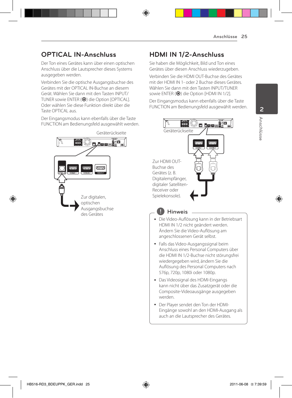 25 – optical in-anschluss, 25 – hdmi in 1/2-anschluss, Optical in-anschluss | Hdmi in 1/2-anschluss | Pioneer BCS-HF818 User Manual | Page 167 / 424