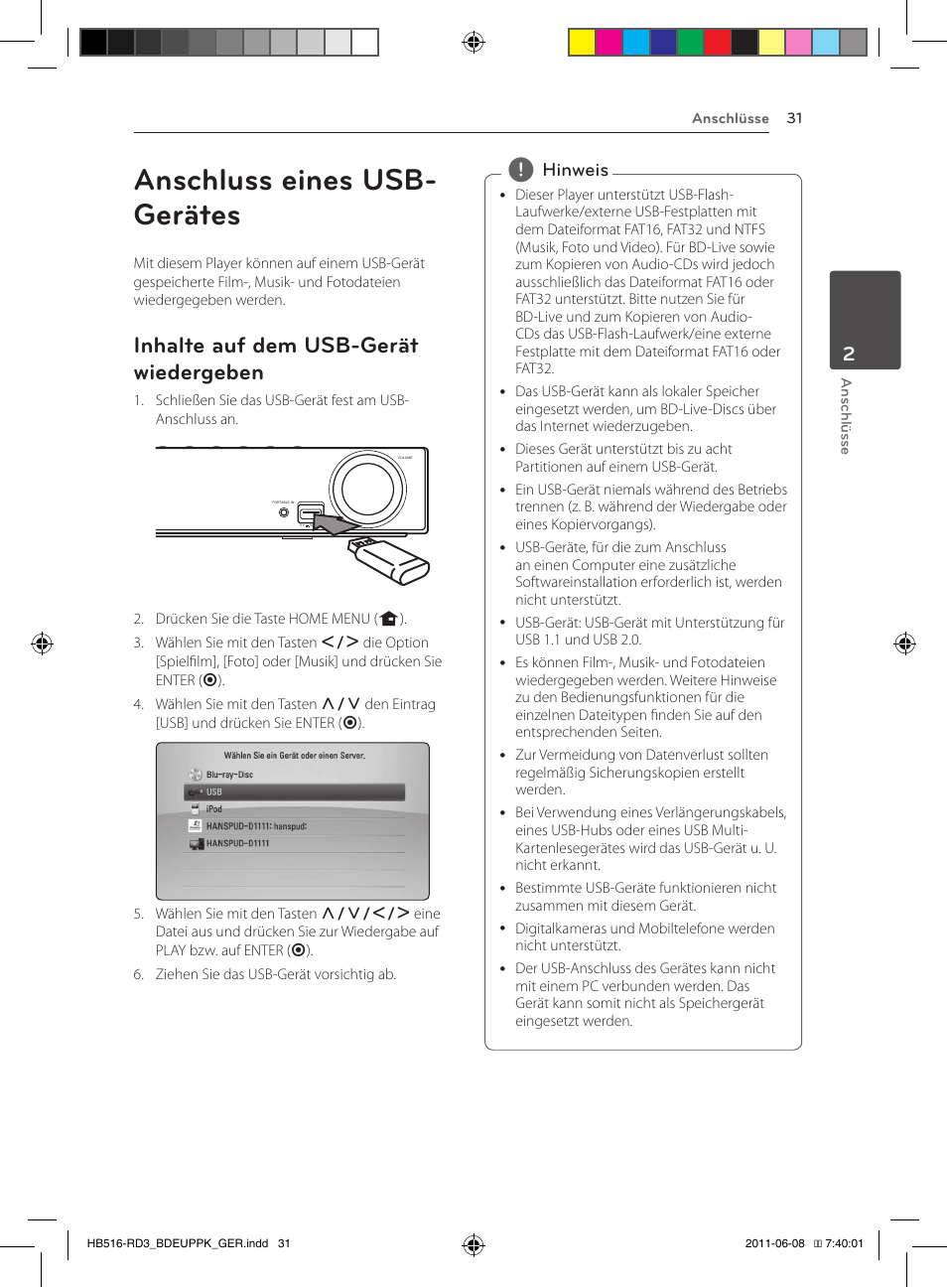 Anschluss eines usb-gerätes, 31 – inhalte auf dem usb-gerät, Wiedergeben | Anschluss eines usb- gerätes, Inhalte auf dem usb-gerät wiedergeben, Hinweis | Pioneer BCS-HF818 User Manual | Page 173 / 424