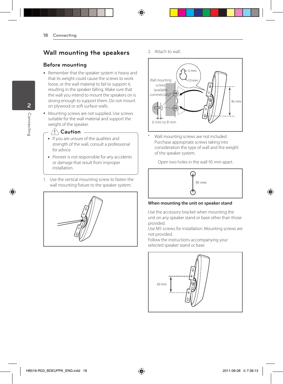 18 – wall mounting the speakers, Wall mounting the speakers | Pioneer BCS-HF818 User Manual | Page 18 / 424