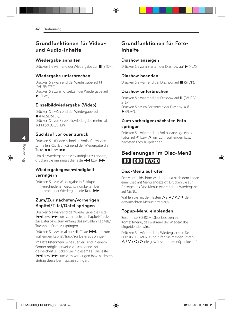 42 – grundfunktionen für video- und, Audio-inhalte, Grundfunktionen für video- und audio-inhalte | Grundfunktionen für foto- inhalte, Bedienungen im disc-menü ero | Pioneer BCS-HF818 User Manual | Page 184 / 424
