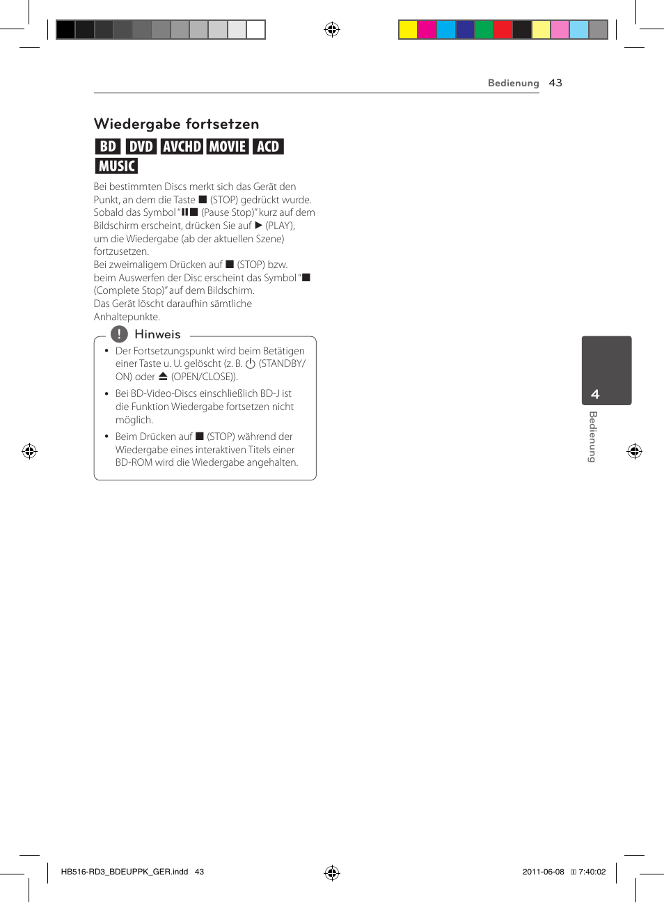 43 – wiedergabe fortsetzen, Wiedergabe fortsetzen eroyt, u | Pioneer BCS-HF818 User Manual | Page 185 / 424