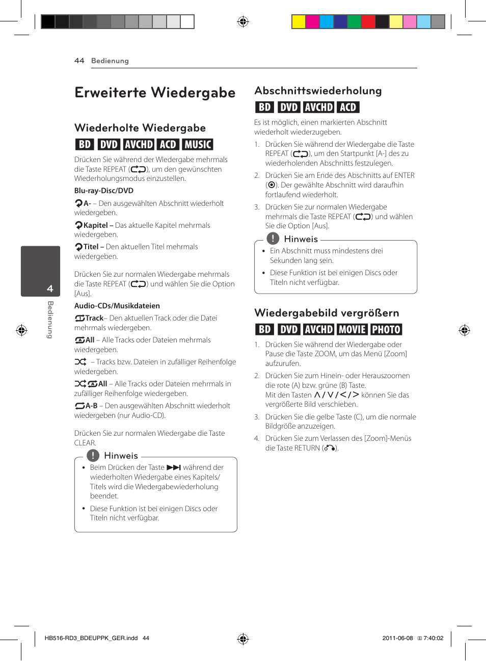 Erweiterte wiedergabe, Wiederholte wiedergabe erotu, Abschnittswiederholung erot | Wiedergabebild vergrößern eroyi | Pioneer BCS-HF818 User Manual | Page 186 / 424