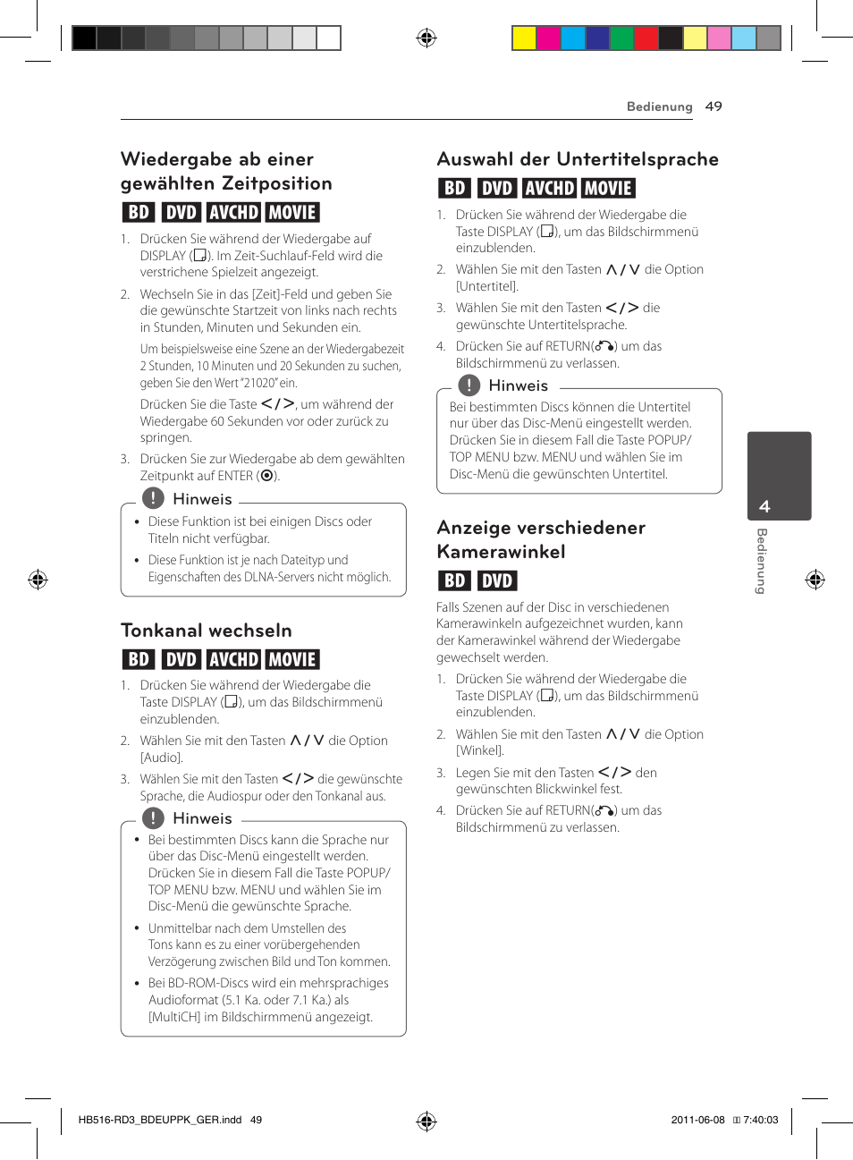 49 – wiedergabe ab einer gewählten, Zeitposition, Wiedergabe ab einer gewählten zeitposition eroy | Tonkanal wechseln eroy, Auswahl der untertitelsprache eroy, Anzeige verschiedener kamerawinkel er | Pioneer BCS-HF818 User Manual | Page 191 / 424