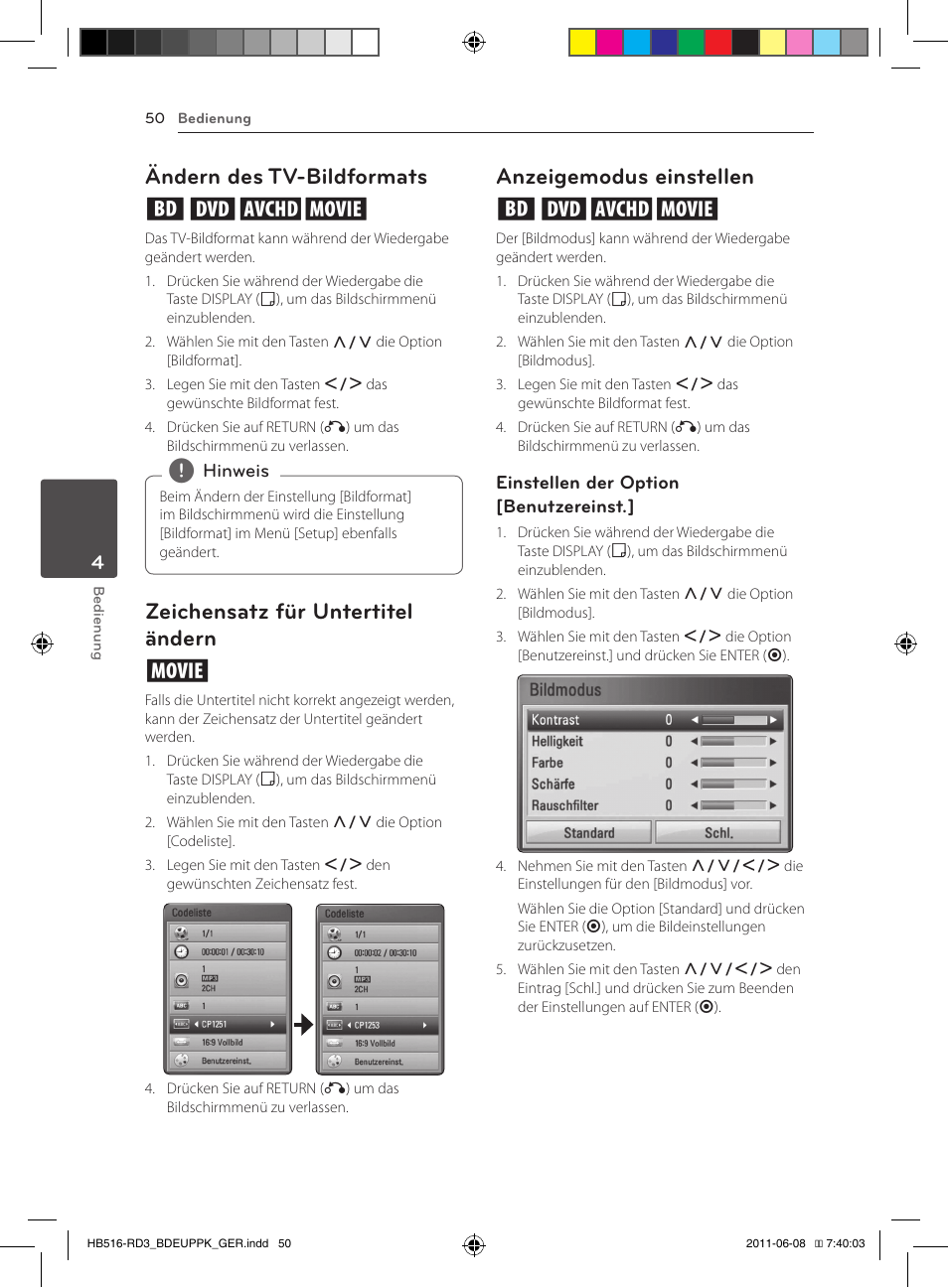 Ändern des tv-bildformats eroy, Zeichensatz für untertitel ändern y, Anzeigemodus einstellen eroy | Pioneer BCS-HF818 User Manual | Page 192 / 424