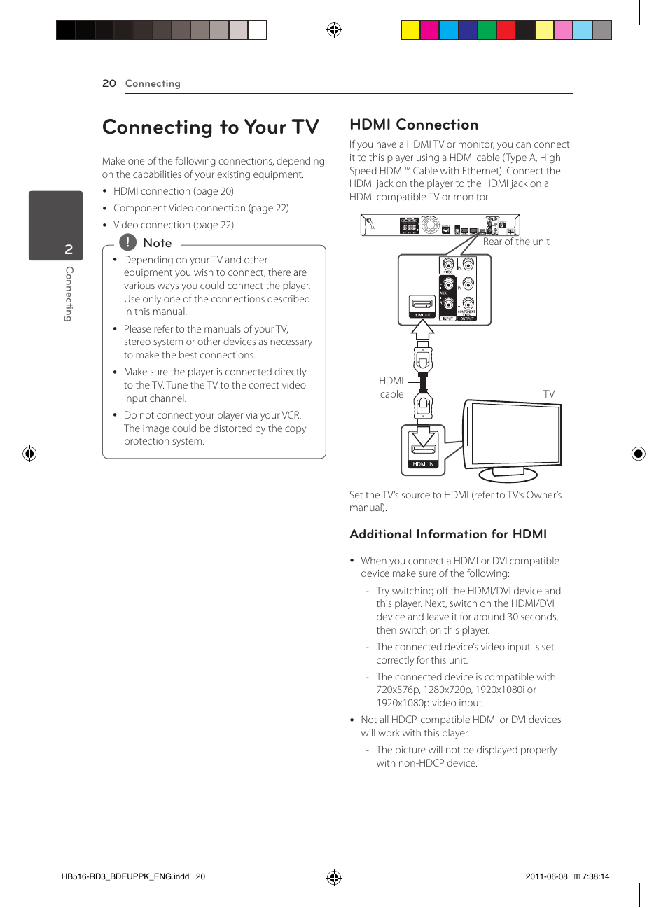 20 connecting to your tv 20 – hdmi connection, Connecting to your tv, Hdmi connection | Pioneer BCS-HF818 User Manual | Page 20 / 424