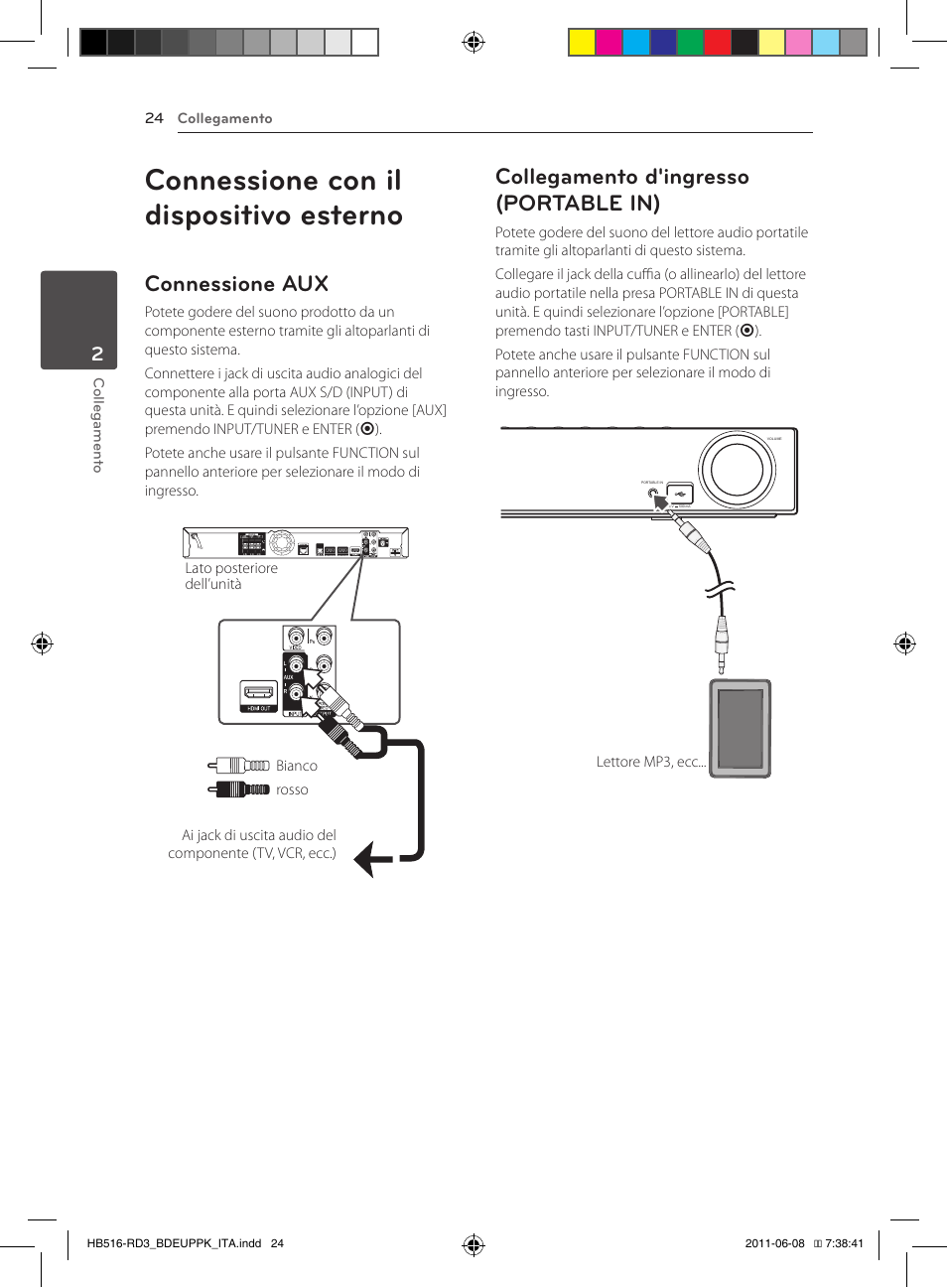 Connessione con il dispositivo esterno, Connessione aux, Collegamento d'ingresso (portable in) | Pioneer BCS-HF818 User Manual | Page 234 / 424