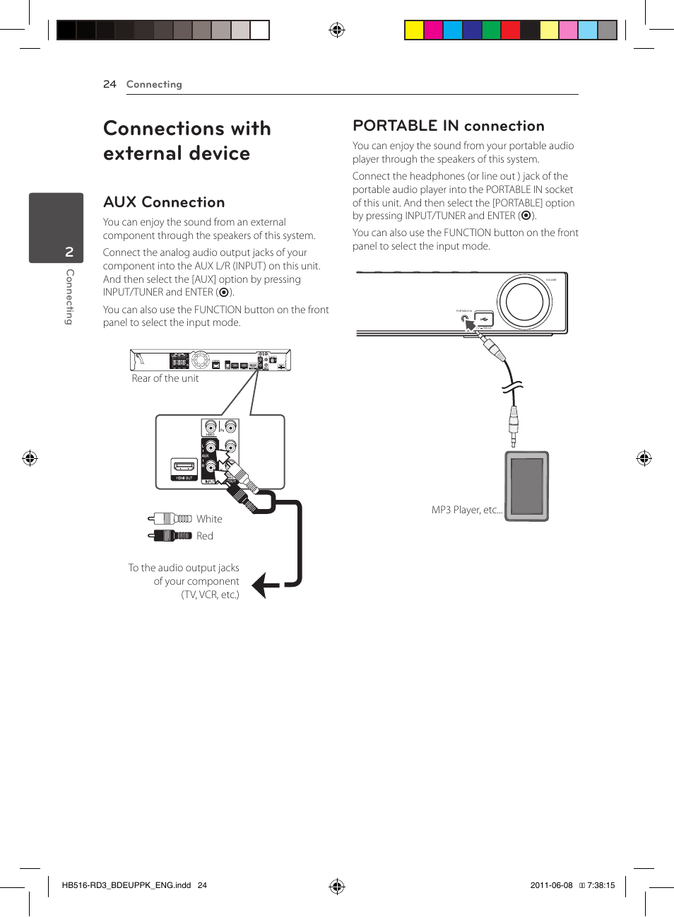 Connections with external device, Aux connection, Portable in connection | Pioneer BCS-HF818 User Manual | Page 24 / 424