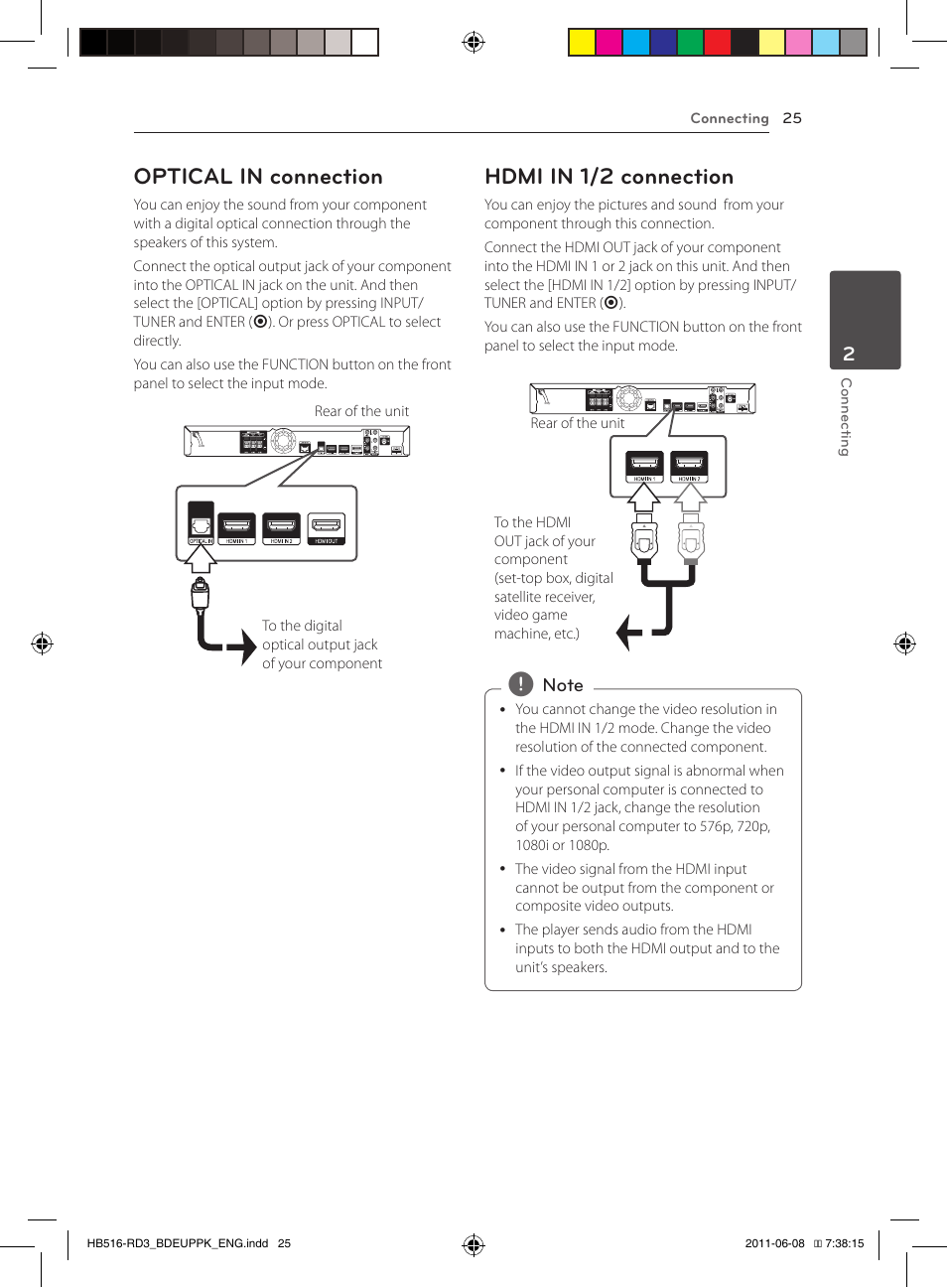 Optical in connection, Hdmi in 1/2 connection | Pioneer BCS-HF818 User Manual | Page 25 / 424