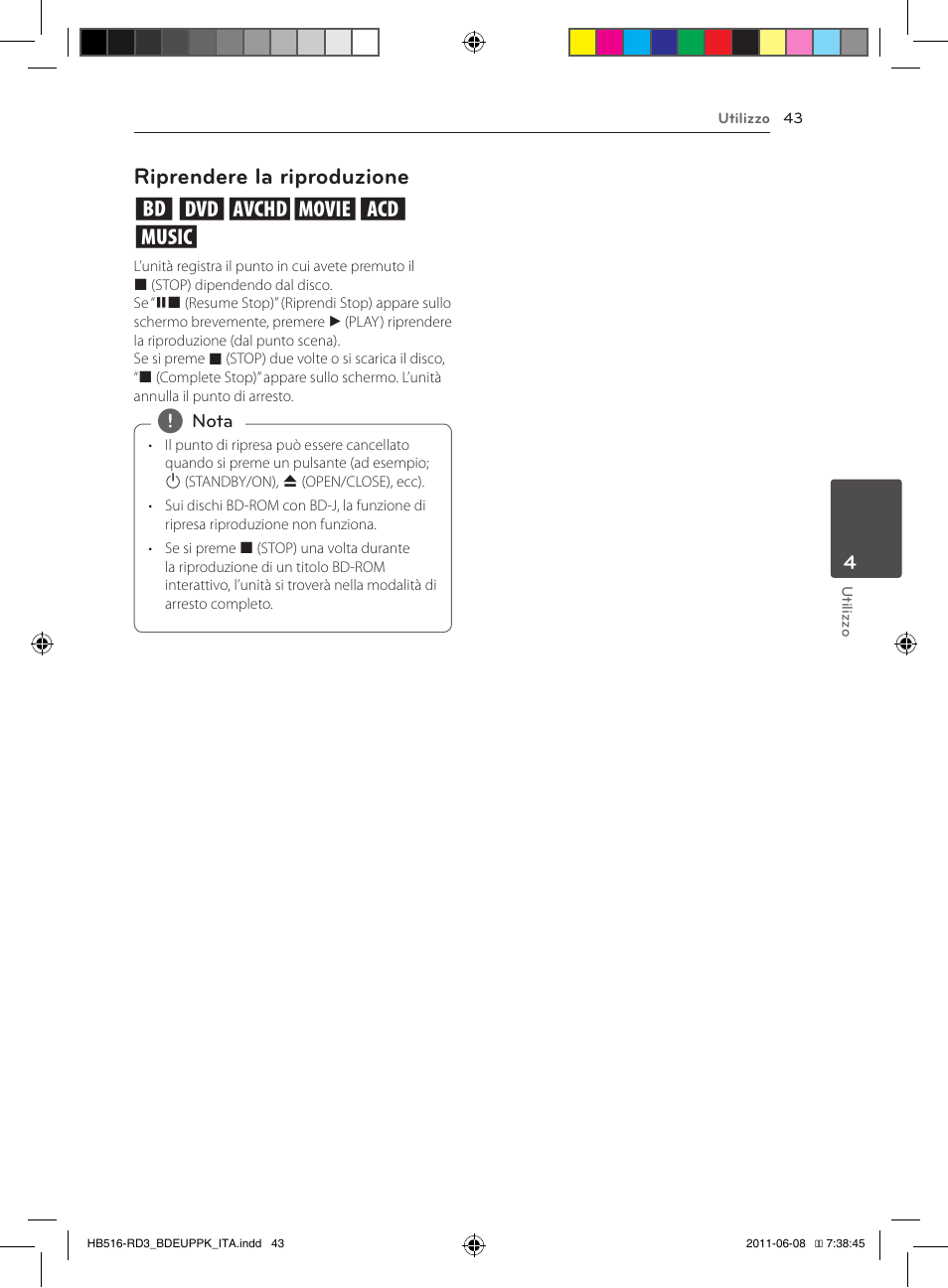 43 – riprendere la riproduzione, Riprendere la riproduzione eroyt, u | Pioneer BCS-HF818 User Manual | Page 253 / 424