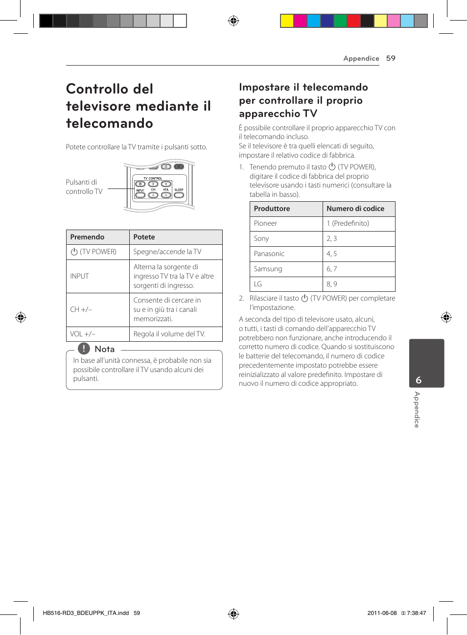59 controllo del televisore mediante il, Telecomando, 59 – impostare il telecomando per | Controllare il proprio apparecchio tv, Controllo del televisore mediante il telecomando | Pioneer BCS-HF818 User Manual | Page 269 / 424