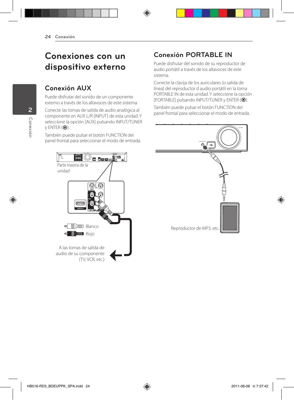 Conexiones con un dispositivo externo, Conexión aux, Conexión portable in | Pioneer BCS-HF818 User Manual | Page 302 / 424