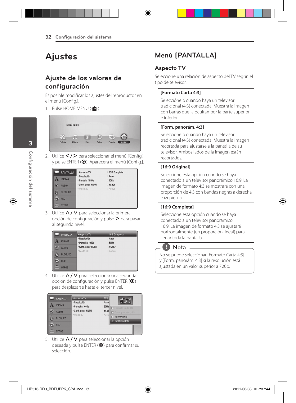 Ajustes, Ajuste de los valores de configuración, Menú [pantalla | Pioneer BCS-HF818 User Manual | Page 310 / 424