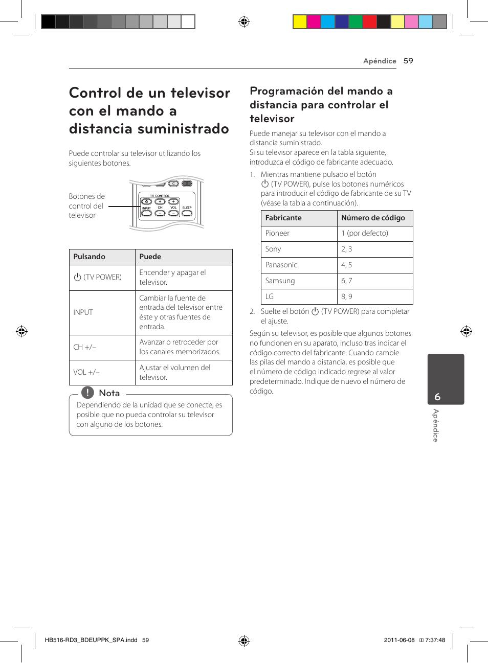 59 control de un televisor con el mando a, Distancia suministrado, 59 – programación del mando a distancia | Para controlar el televisor | Pioneer BCS-HF818 User Manual | Page 337 / 424