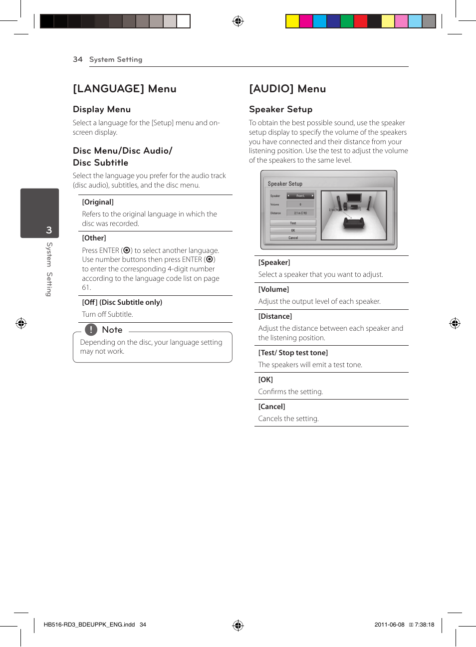 34 – [language] menu 34 – [audio] menu, Language] menu, Audio] menu | Pioneer BCS-HF818 User Manual | Page 34 / 424