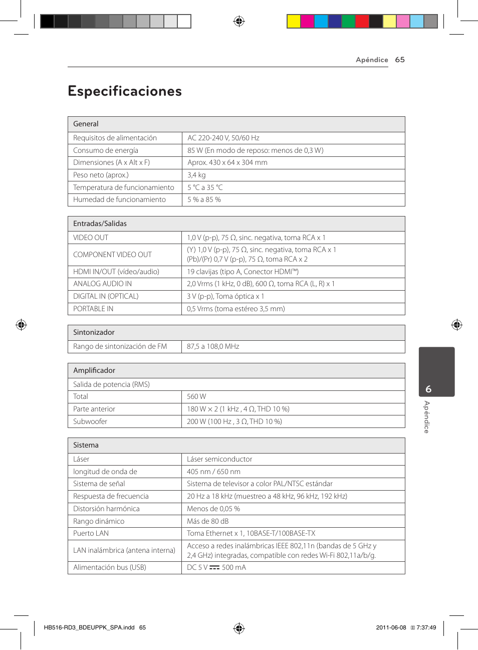 65 especificaciones, Especificaciones | Pioneer BCS-HF818 User Manual | Page 343 / 424