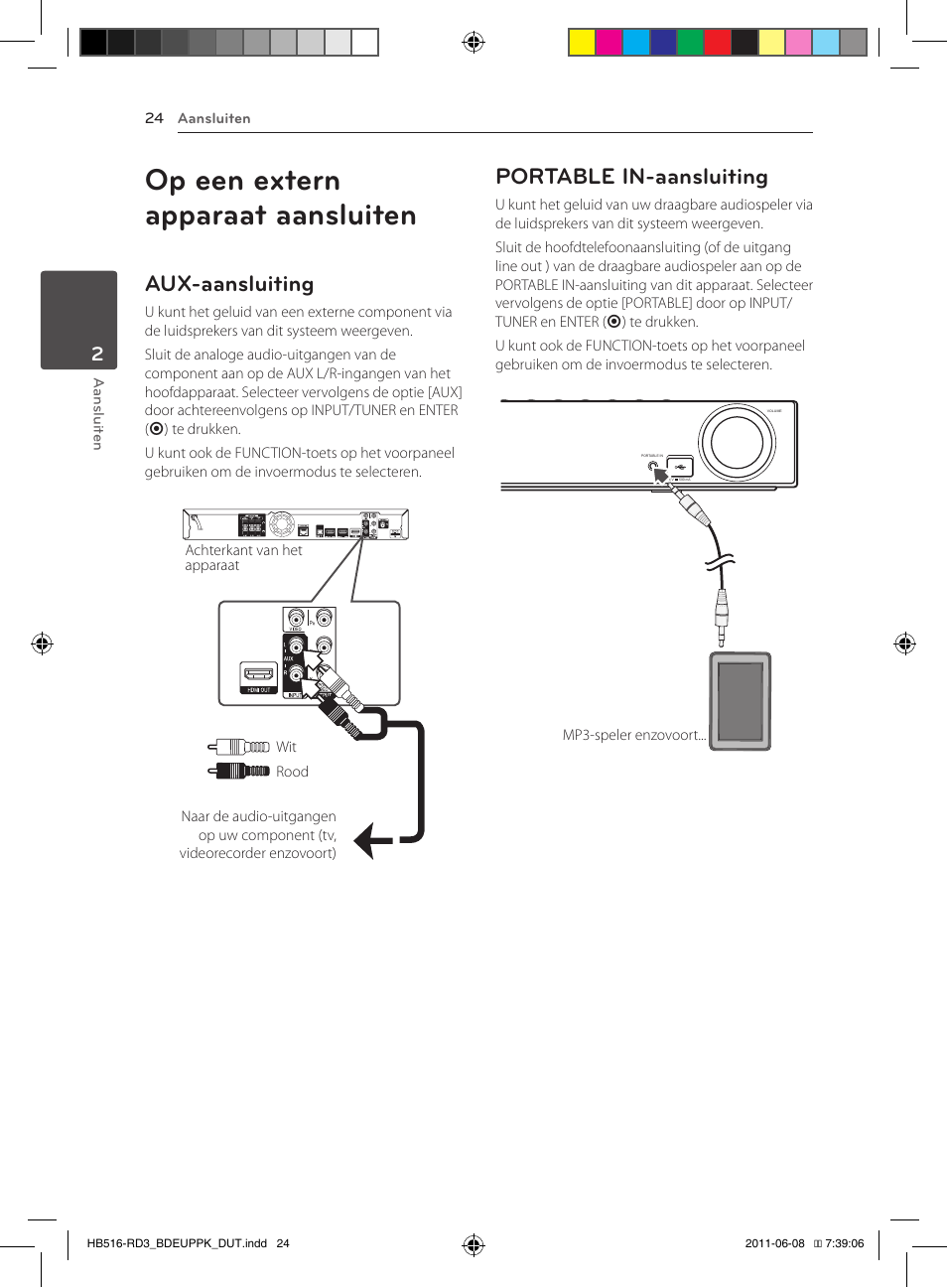 Op een extern apparaat aansluiten, Aux-aansluiting, Portable in-aansluiting | Pioneer BCS-HF818 User Manual | Page 370 / 424