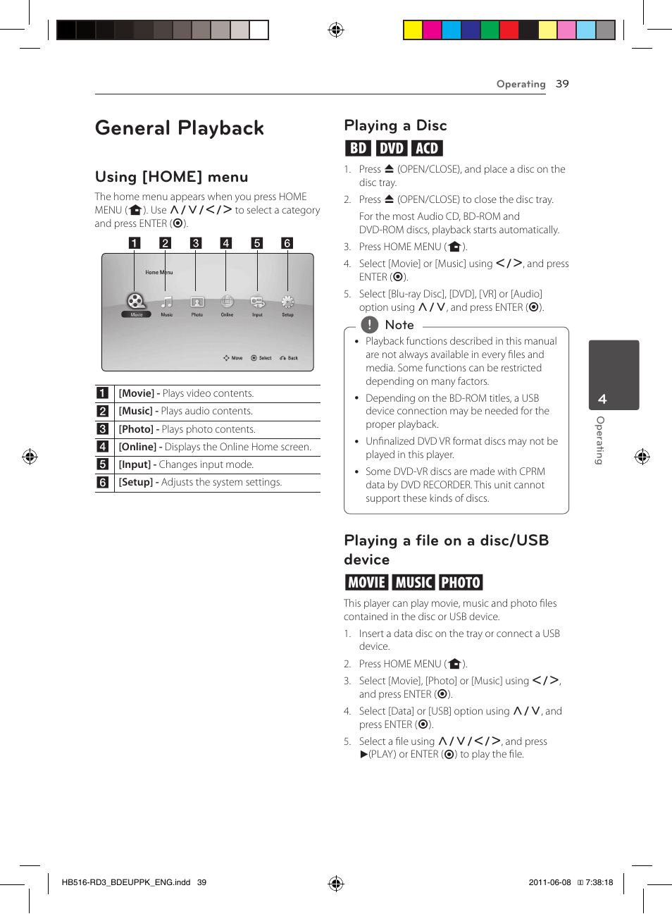 General playback, Using [home] menu, Playing a disc ert | Playing a file on a disc/usb device yui | Pioneer BCS-HF818 User Manual | Page 39 / 424