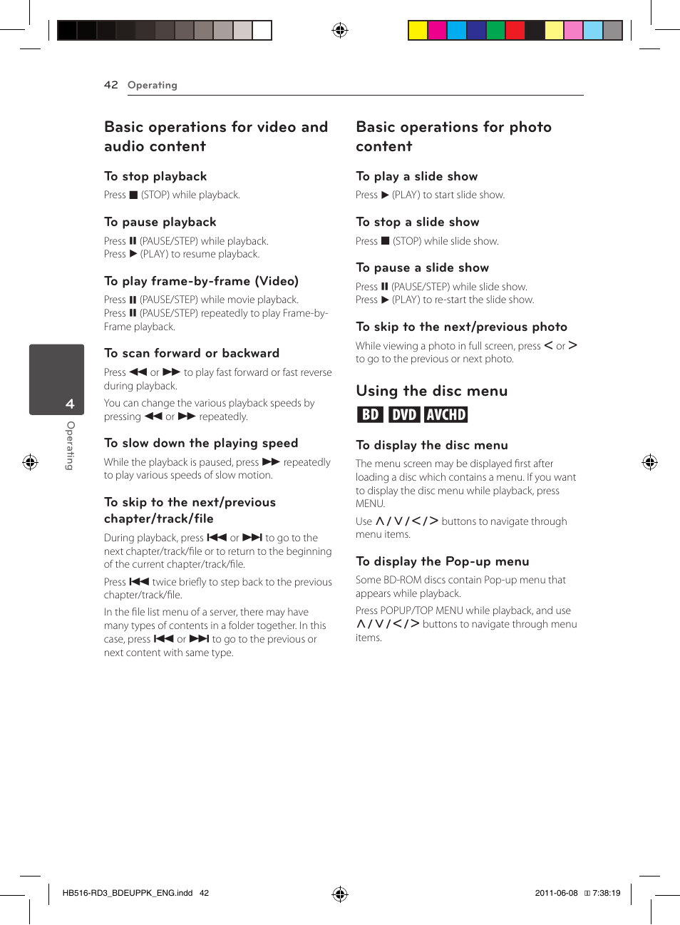 42 – basic operations for video and audio, Content, Basic operations for video and audio content | Basic operations for photo content, Using the disc menu ero | Pioneer BCS-HF818 User Manual | Page 42 / 424