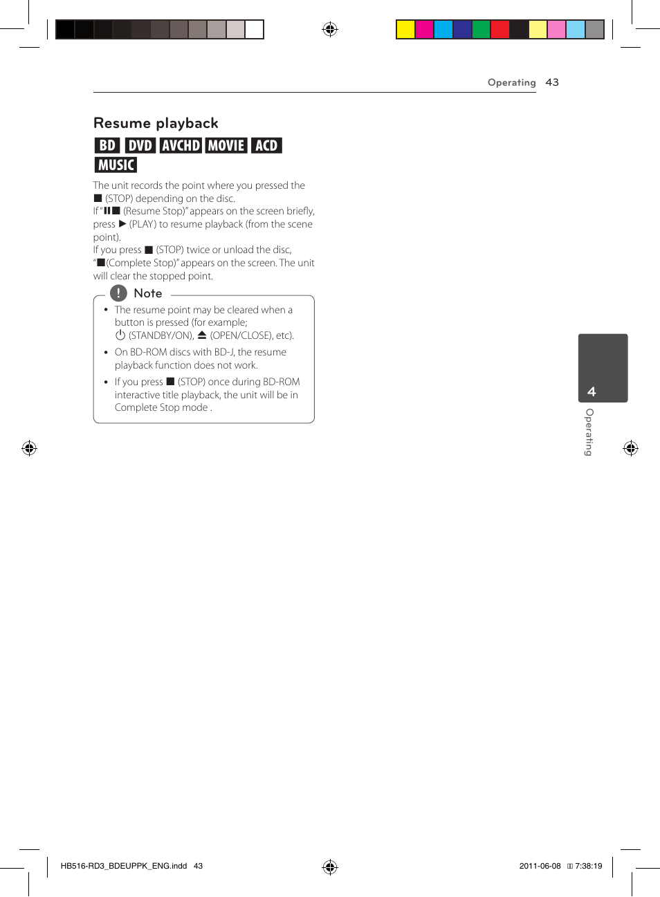 43 – resume playback, Resume playback eroyt, u | Pioneer BCS-HF818 User Manual | Page 43 / 424