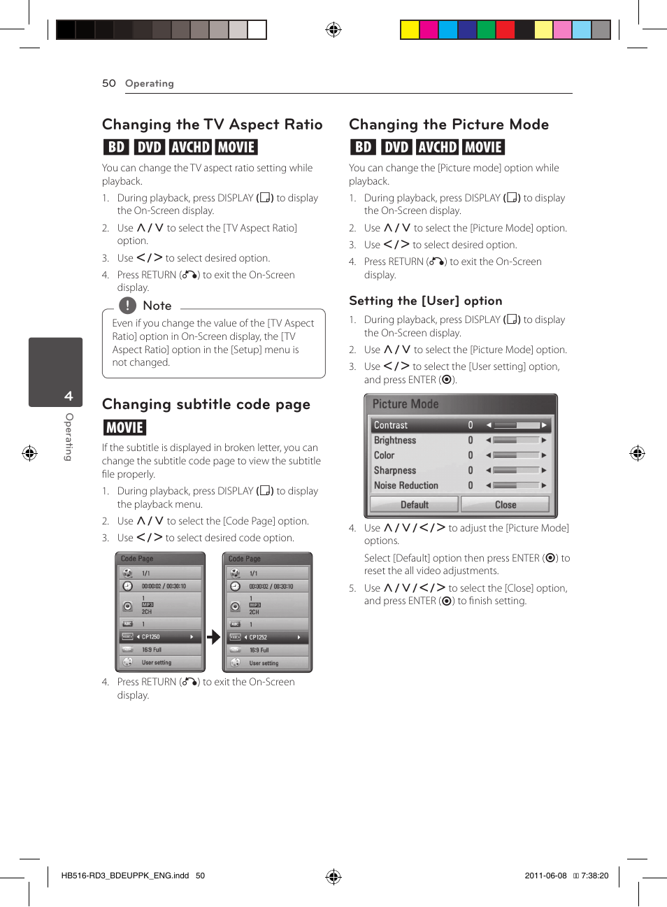 Changing the tv aspect ratio eroy, Changing subtitle code page y, Changing the picture mode eroy | Pioneer BCS-HF818 User Manual | Page 50 / 424