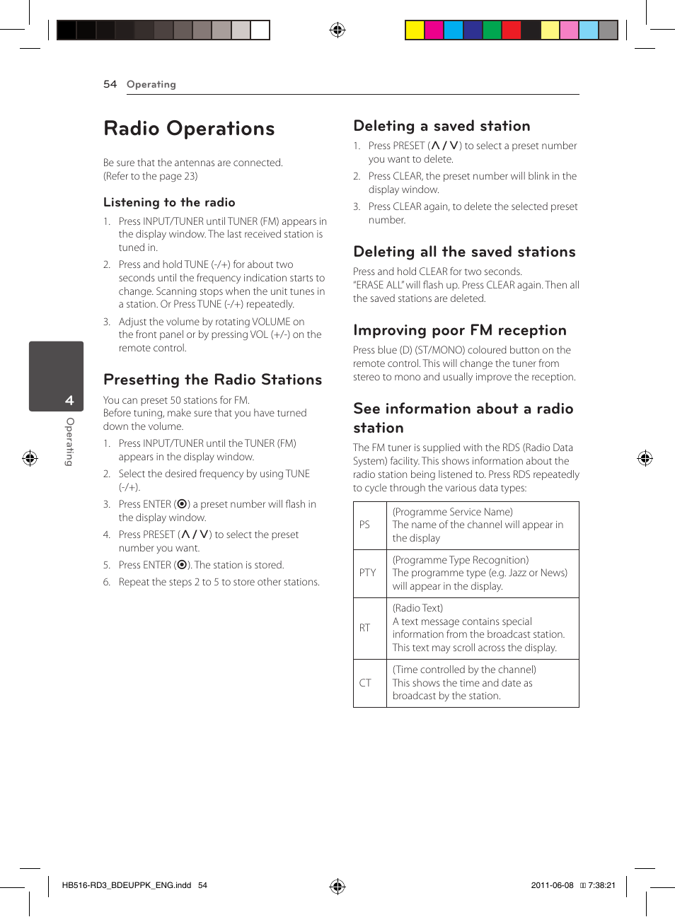 Radio operations, Presetting the radio stations, Deleting a saved station | Deleting all the saved stations, Improving poor fm reception, See information about a radio station | Pioneer BCS-HF818 User Manual | Page 54 / 424