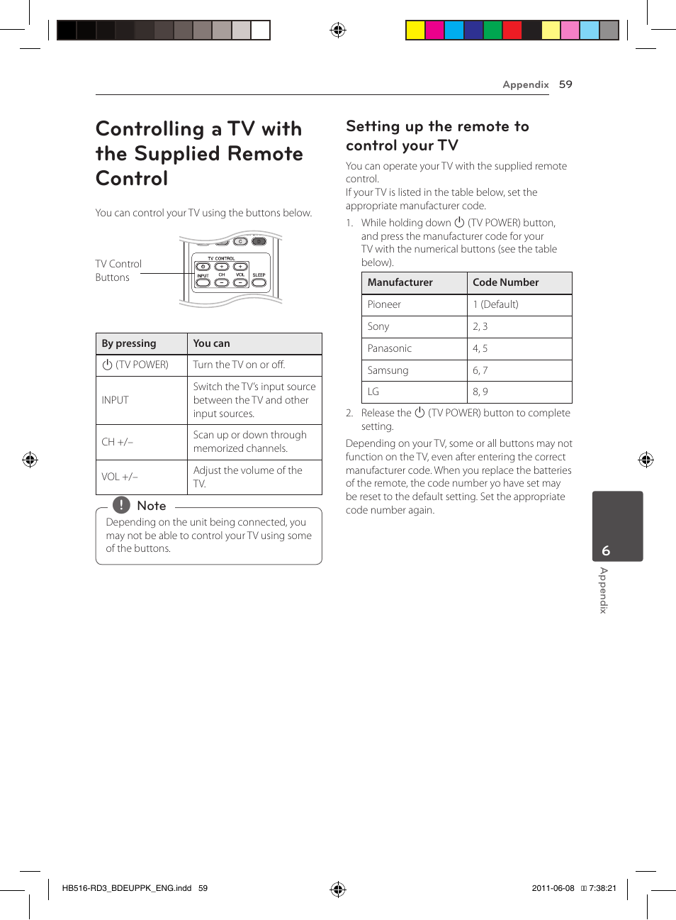 59 controlling a tv with the supplied, Remote control, 59 – setting up the remote to control your | Controlling a tv with the supplied remote control, Setting up the remote to control your tv | Pioneer BCS-HF818 User Manual | Page 59 / 424