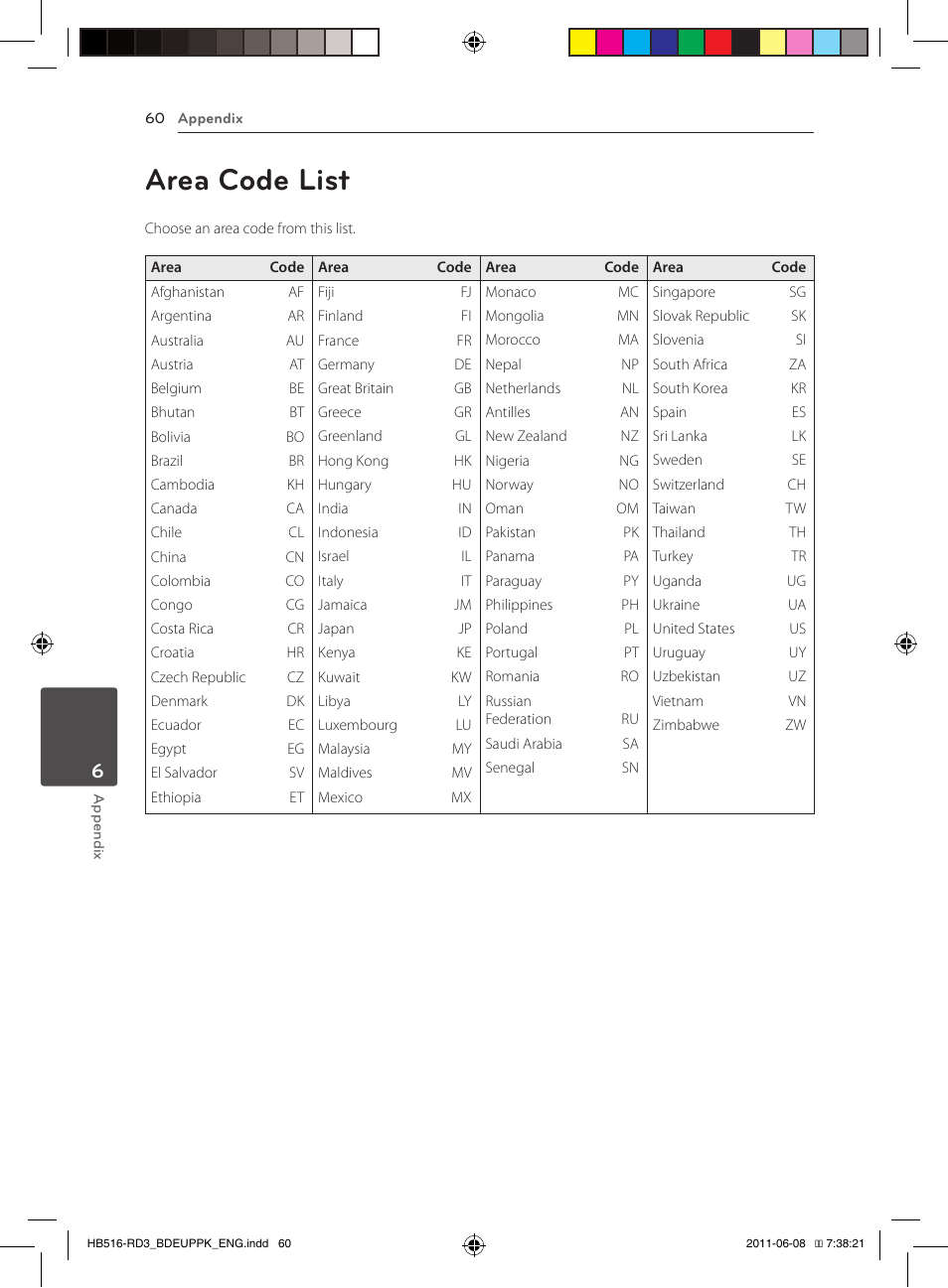 60 area code list, Area code list | Pioneer BCS-HF818 User Manual | Page 60 / 424