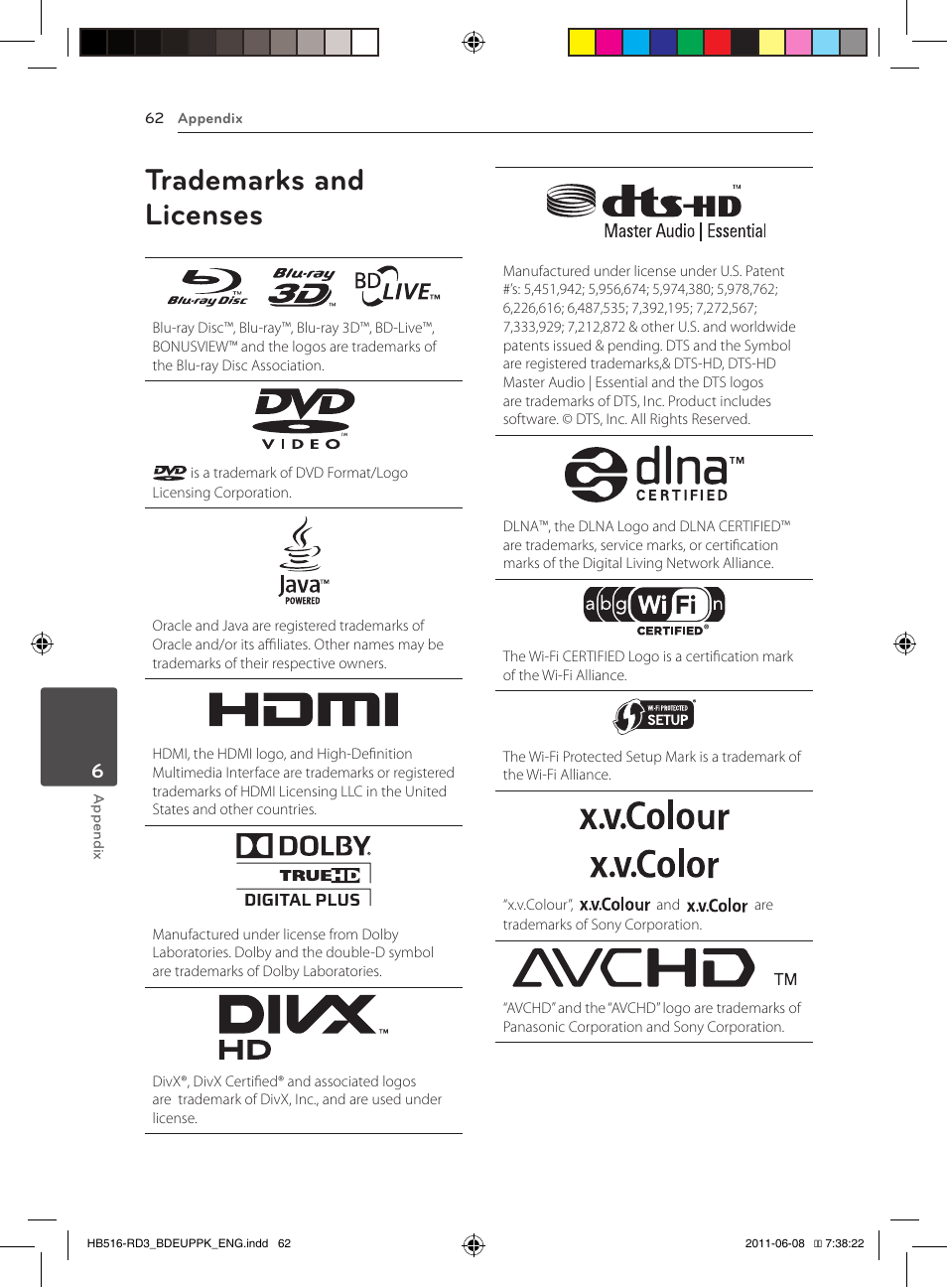 62 trademarks and licenses, Trademarks and licenses | Pioneer BCS-HF818 User Manual | Page 62 / 424