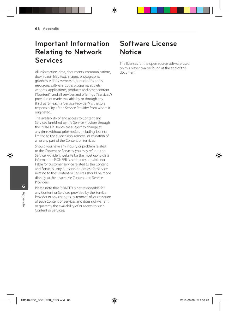 68 important information relating to, Network services, 68 software license notice | Important information relating to network services, Software license notice | Pioneer BCS-HF818 User Manual | Page 68 / 424