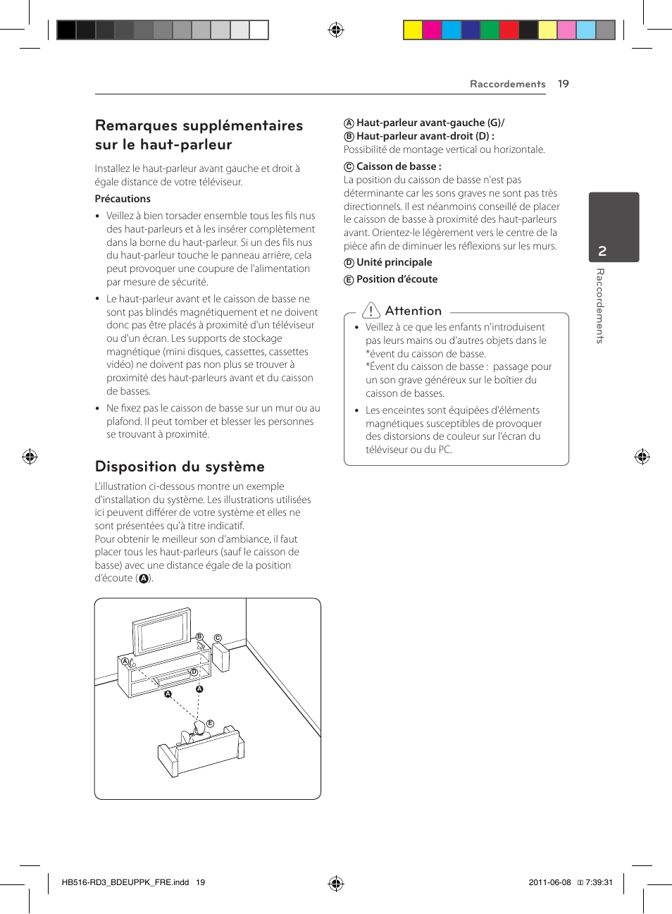 19 – remarques supplémentaires sur le, Haut-parleur, 19 – disposition du système | Remarques supplémentaires sur le haut-parleur, Disposition du système, Attention | Pioneer BCS-HF818 User Manual | Page 87 / 424