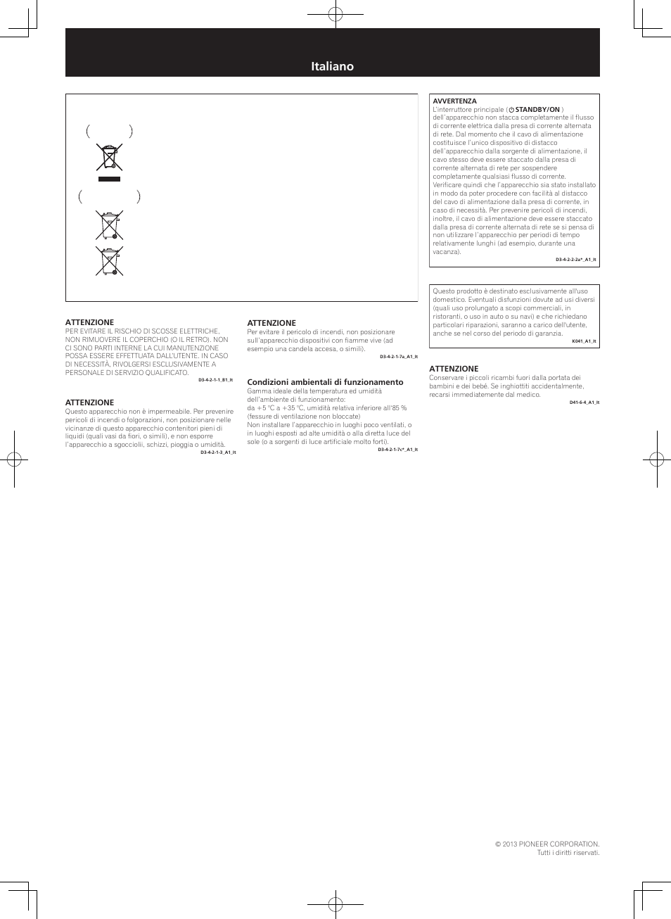 Istruzioni per la sicurezza, Sintoamplificatore av, Italiano | Pioneer VSX-1123-K User Manual | Page 5 / 8