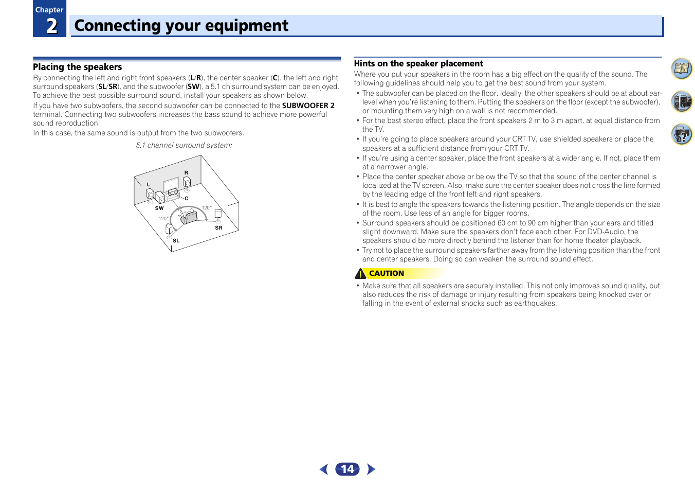 02 connecting your equipment, Placing the speakers, Hints on the speaker placement | Connecting your equipment | Pioneer VSX-529-K User Manual | Page 14 / 66