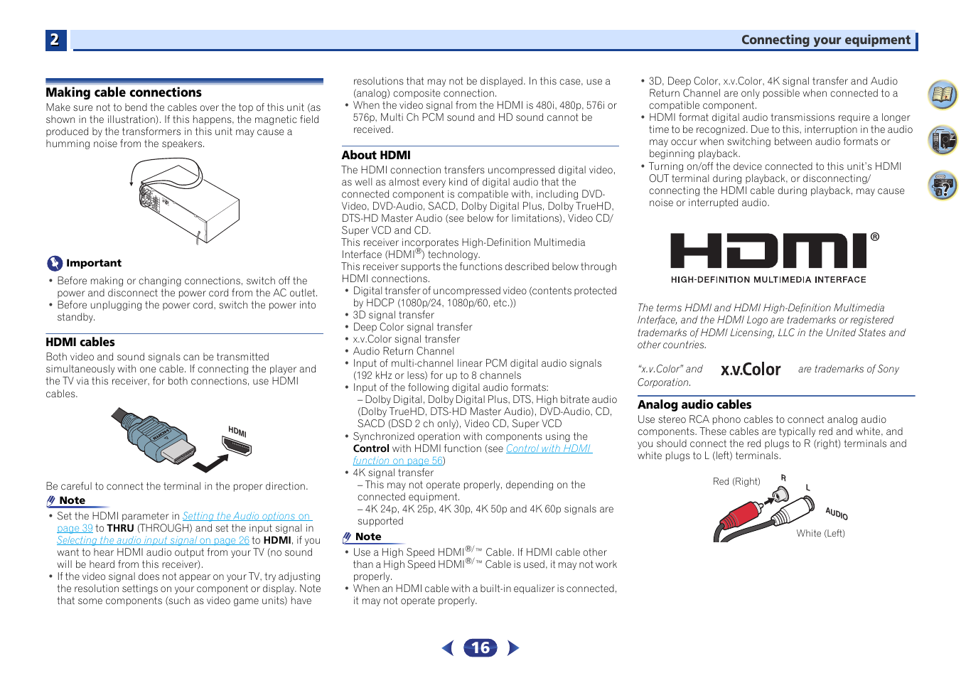 Making cable connections, Hdmi cables, About hdmi | Analog audio cables | Pioneer VSX-529-K User Manual | Page 16 / 66