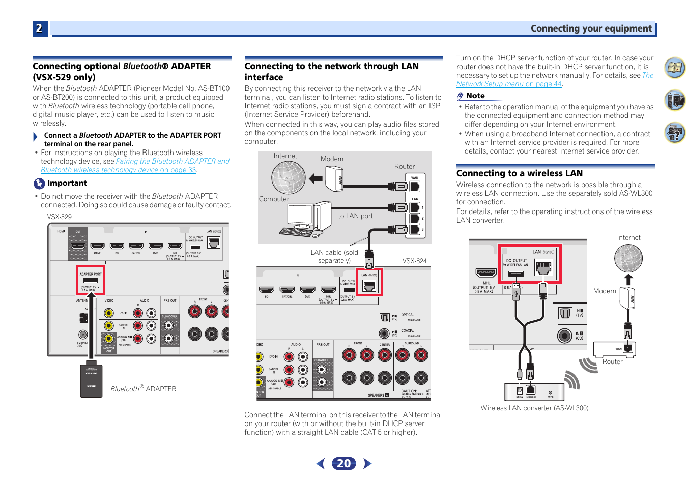 Connecting optional bluetooth, Adapter, Vsx-529 only) | Connecting to the network through lan interface, Connecting to a wireless lan | Pioneer VSX-529-K User Manual | Page 20 / 66