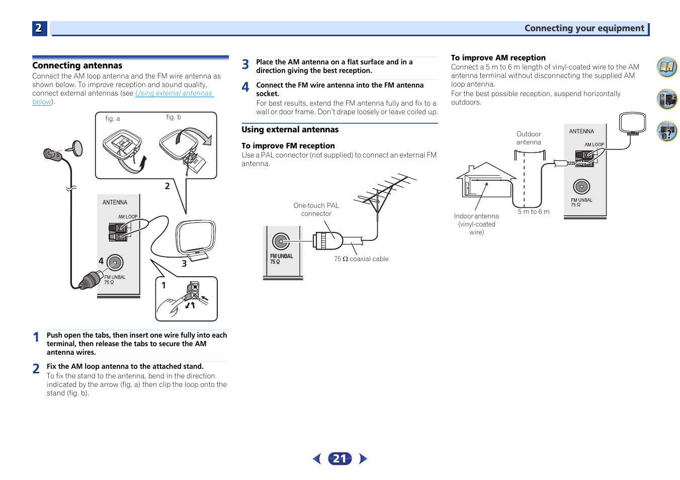 Connecting antennas, Using external antennas | Pioneer VSX-529-K User Manual | Page 21 / 66