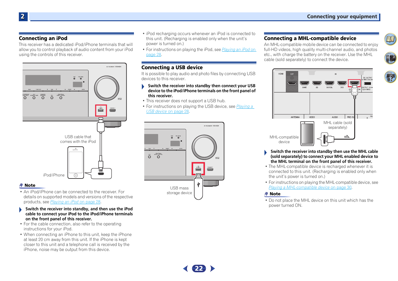 Connecting an ipod, Connecting a usb device, Connecting a mhl-compatible device | Pioneer VSX-529-K User Manual | Page 22 / 66