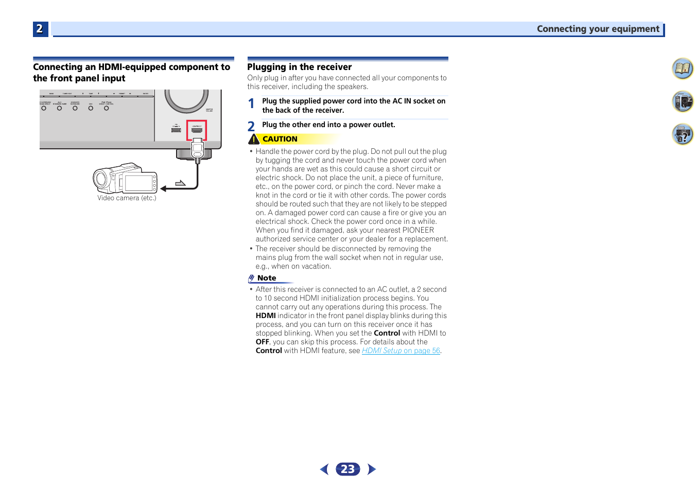 Connecting an hdmi-equipped component to the front, Panel input, Plugging in the receiver | Pioneer VSX-529-K User Manual | Page 23 / 66