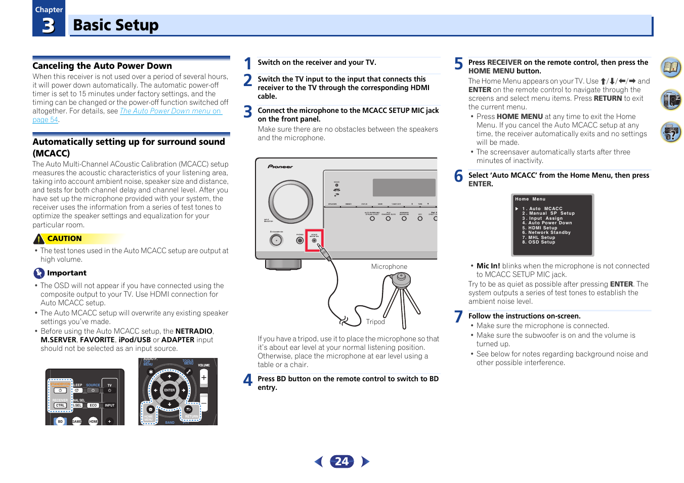 03 basic setup, Canceling the auto power down, Basic setup | Pioneer VSX-529-K User Manual | Page 24 / 66